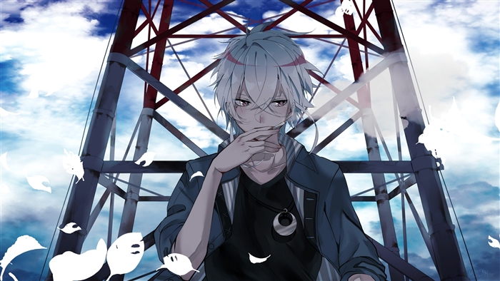 Anime Boy with White Hair and Red Eyes near Tower