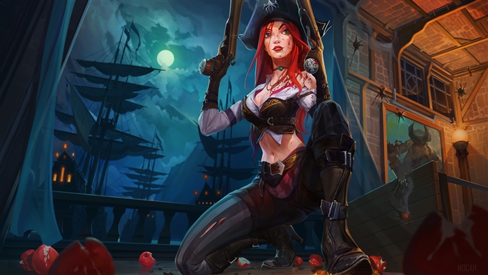 Miss Fortune Pirate with Guns under Moonlight 4K