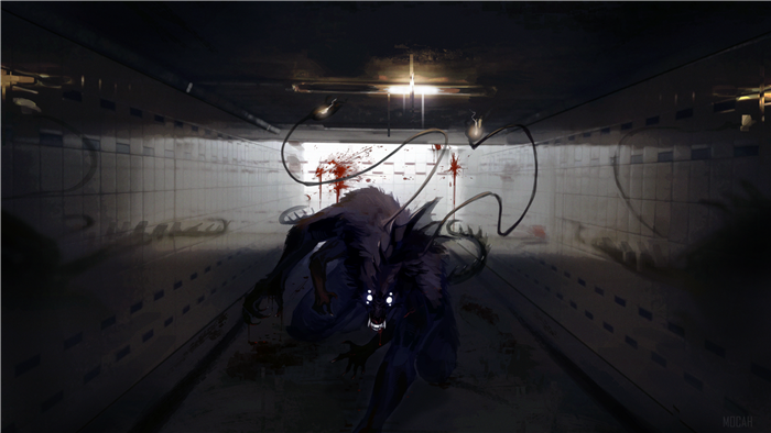 Creature in a blood-splattered corridor 4K