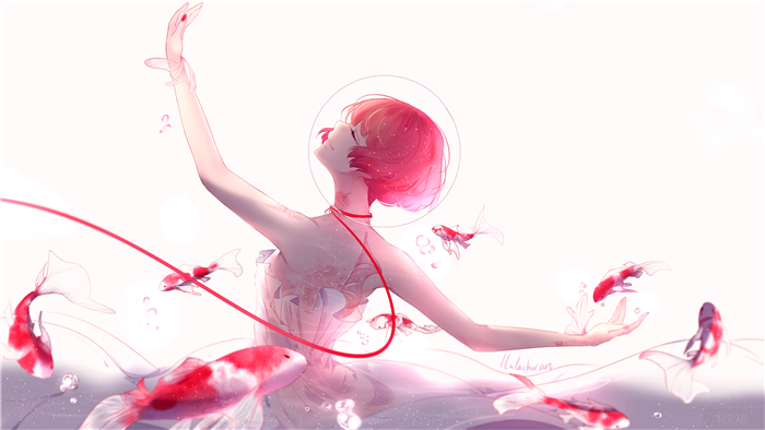 Girl with red hair and koi fish