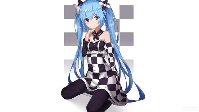 Girl with Blue Hair and Blue Eyes in Checkerboard Dress 4K