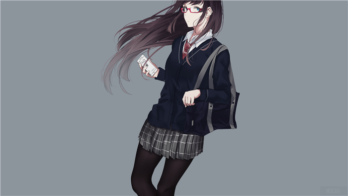 Girl with glasses in school uniform holding a drink