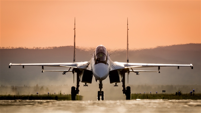 Sukhoi Su-30 Jet Fighter on Runway at Sunset 4K