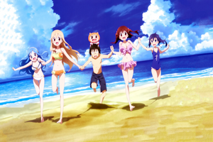 Umaru Doma and friends from Himouto! Umaru-chan on the beach 4K