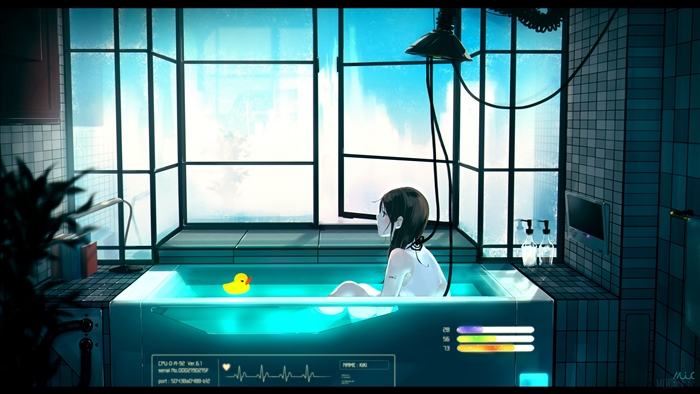 Girl in Futuristic Bathtub with Rubber Duck 4K