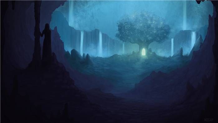Magical Cave Landscape with Tree and Waterfalls 4K