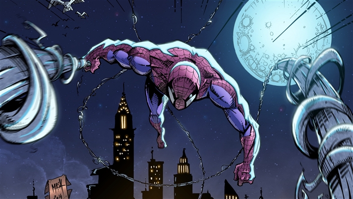 Spider-Man swinging through the city at night