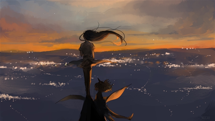 Girl and creature overlooking city lights at sunset 4K
