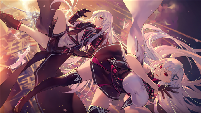 Two anime girls with white hair and red eyes