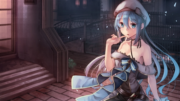 Anime girl with blue hair and hat