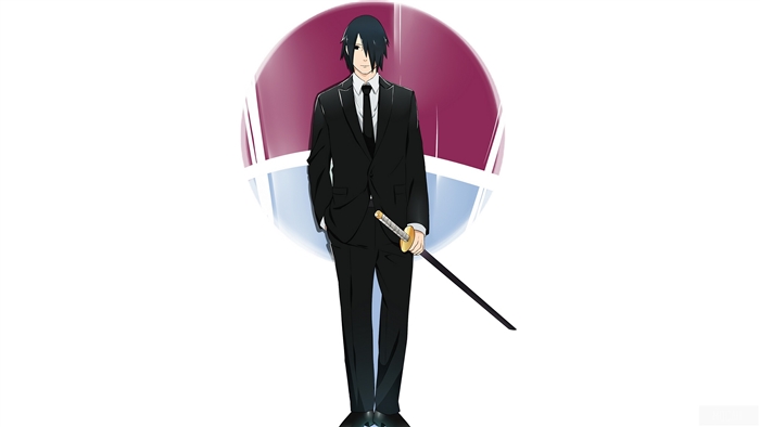 Sasuke Uchiha in a suit with a sword