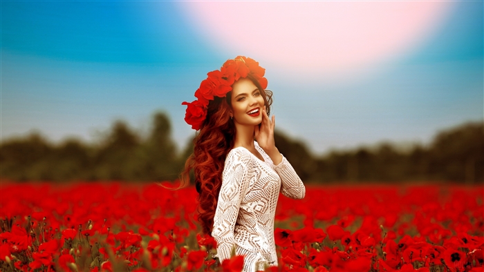 Woman with Redhead Hair and Poppy Wreath in Poppy Field 4K