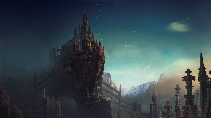 Gothic castle on a cliff under a starry sky