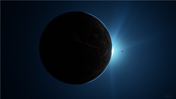 Planet with city lights and a bright sun