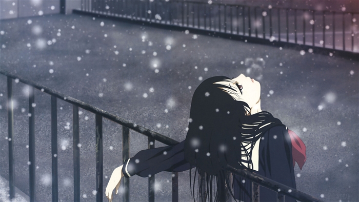 Girl in School Uniform Looking Up at Snow