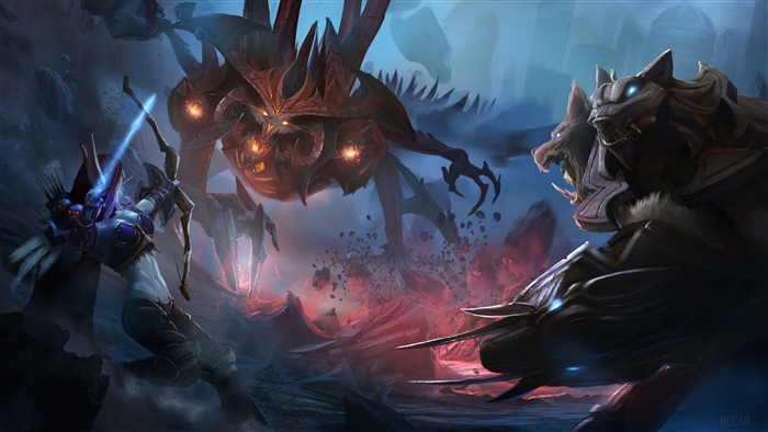 Fantasy battle with archer, wolf-like creatures, and a large monster