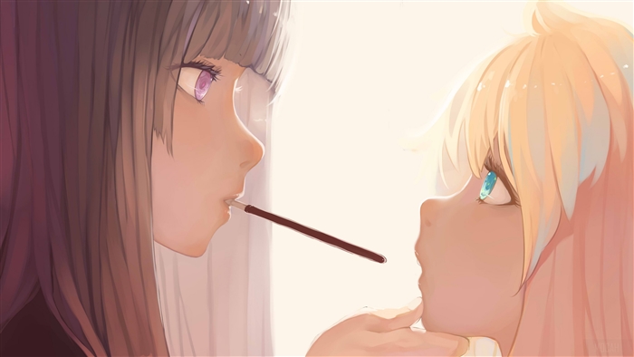 Two anime girls sharing a Pocky stick