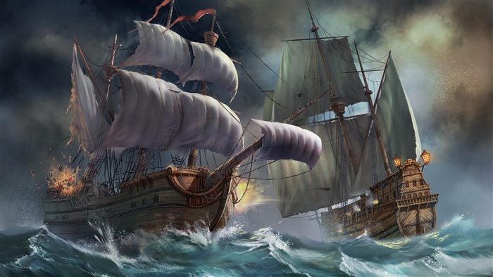 Two sailing ships in battle on stormy seas