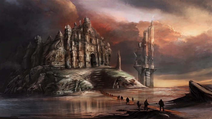Fantasy landscape with ancient ruins and futuristic tower