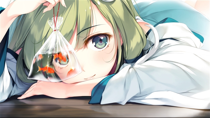 Sanae Kochiya from Touhou holding goldfish in a bag