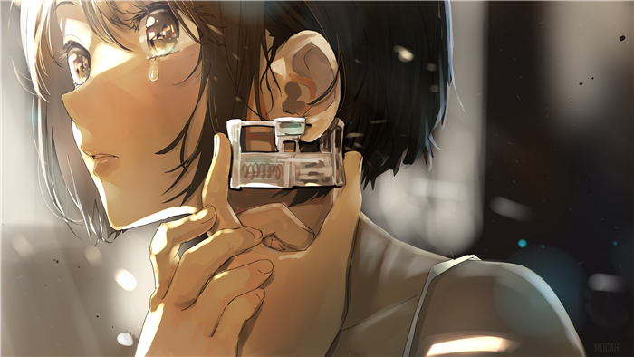 Girl crying holding a device
