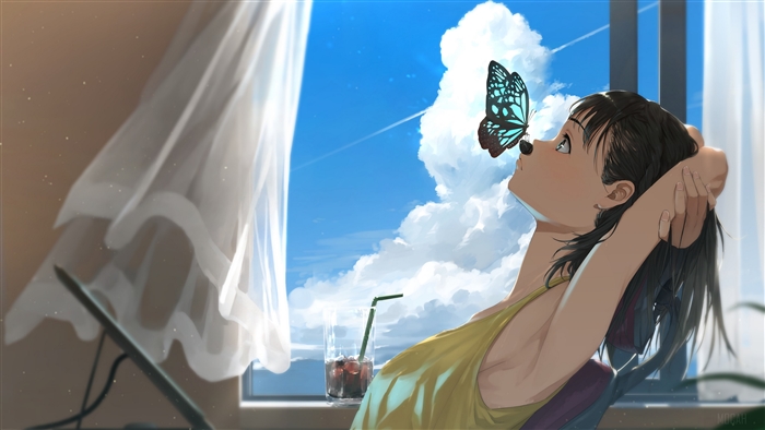 Girl with butterfly on nose and iced drink