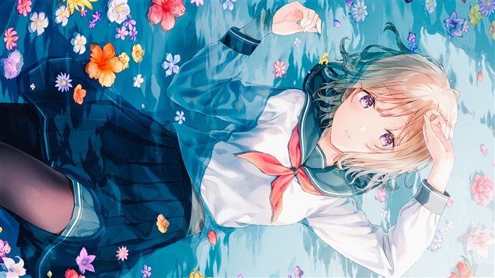 Girl with Purple Eyes in School Uniform Floating in Water with Flowers 4K
