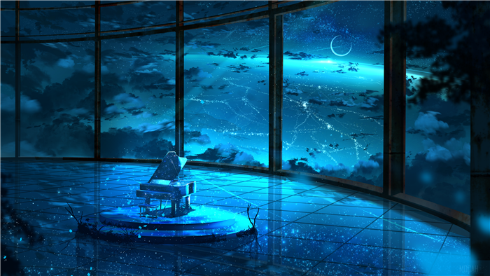 Piano in a room with a starry sky view