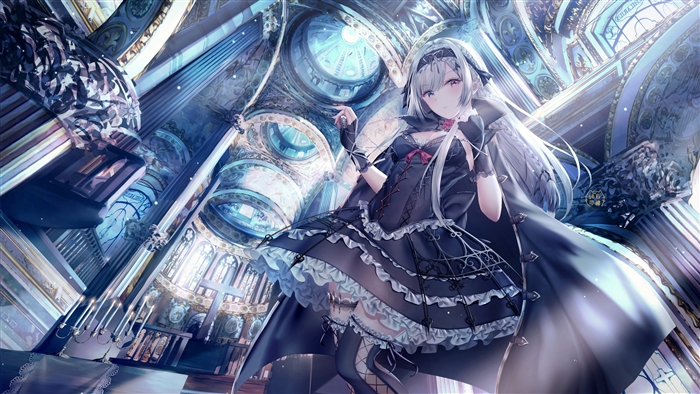 Heterochromia Girl with Long White Hair in a Majestic Cathedral 4K