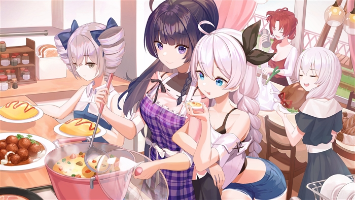 Honkai Impact 4K Cooking Scene with Five Characters