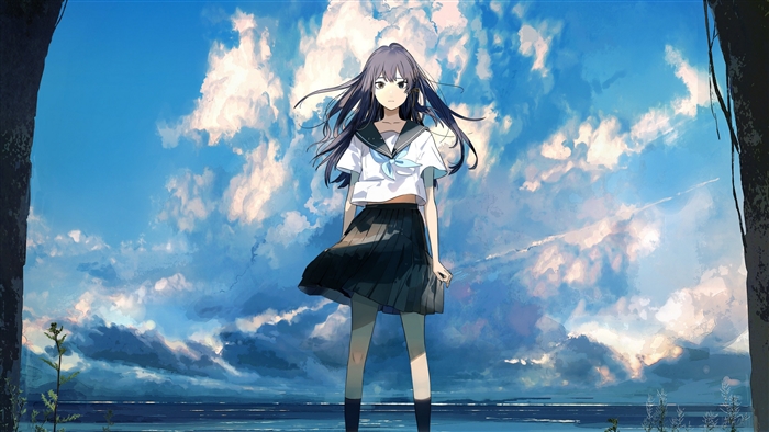 Girl in school uniform against cloudy sky