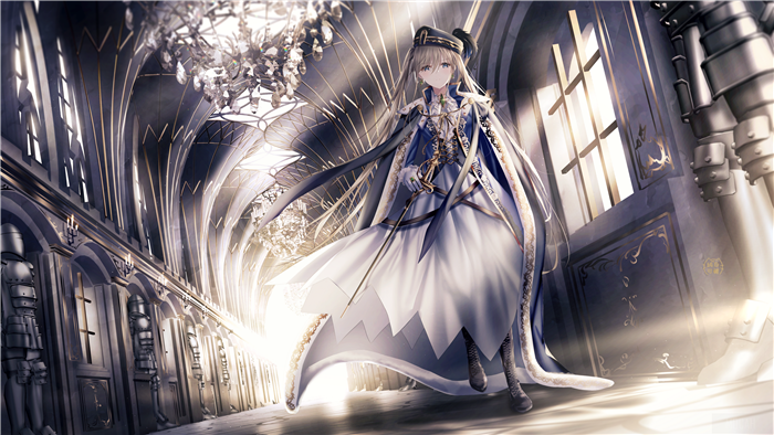 Girl in ornate blue and white dress in grand hall