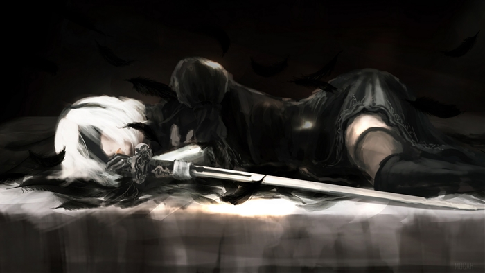 Girl with white hair and sword lying down with feathers