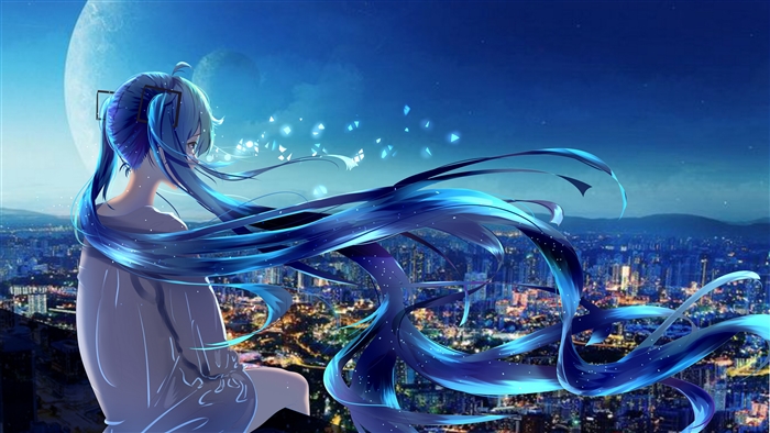 Hatsune Miku with Flowing Blue Hair at Night 4K