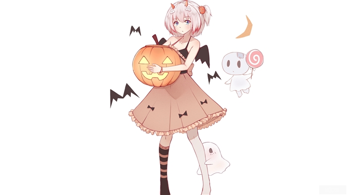 Girl with Pumpkin and Ghosts