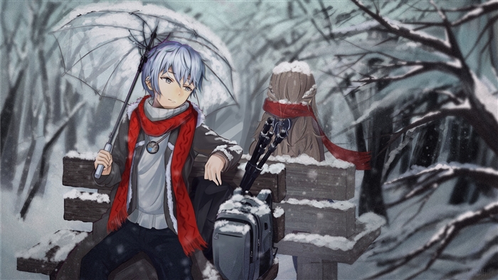 Anime boy with umbrella and backpack in snow