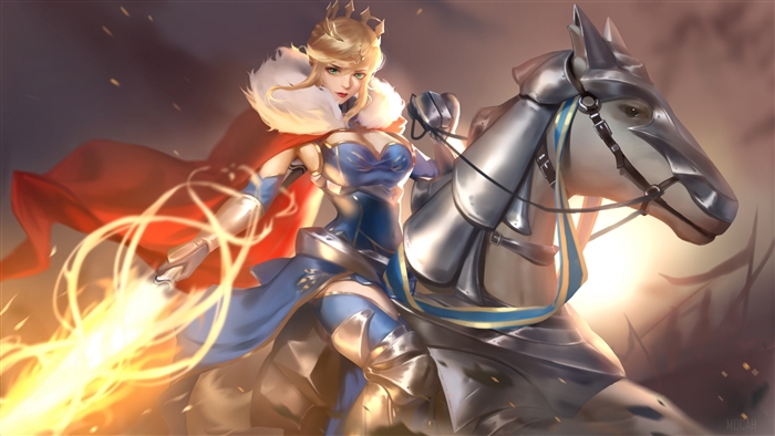 Artoria Pendragon on horseback with flaming sword