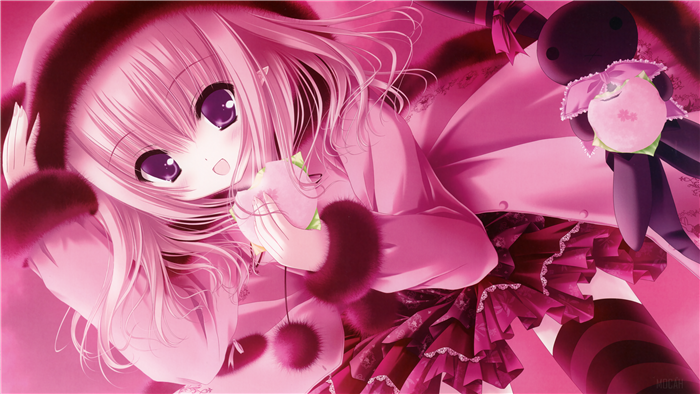 Anime girl with pink hair and purple eyes in a hoodie