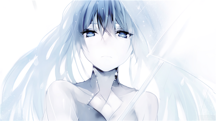 Anime girl with blue hair and blue eyes holding an umbrella