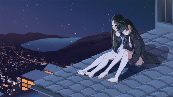 Girls Sitting on Rooftop Under Starry Night 4k