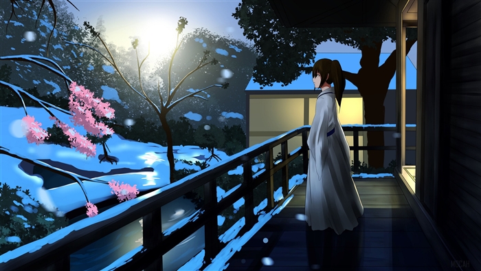 Girl in Kimono in Snowy Morning 4K