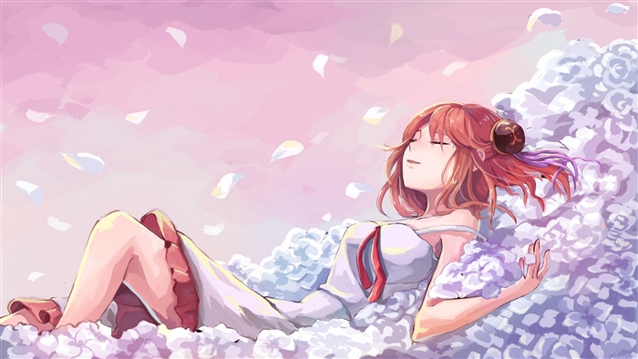 Kagura from Gintama in a bed of flowers 4K