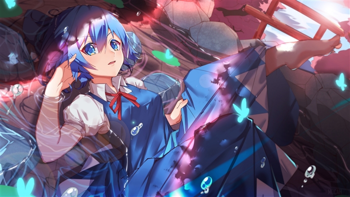 Girl with blue hair and butterfly motifs