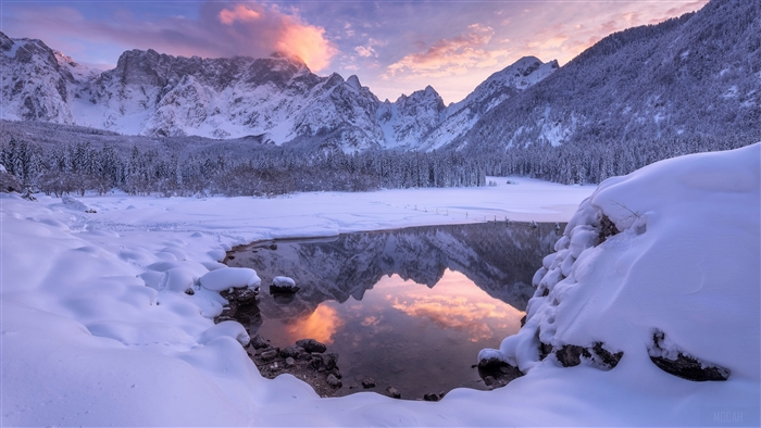Snowy Mountains and Lake Reflection in Winter 4K