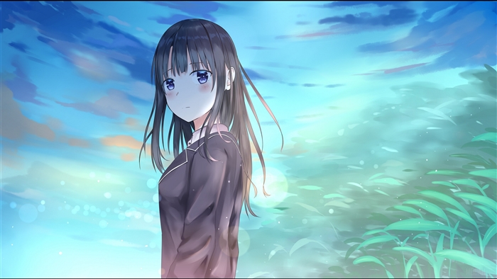 Anime girl in school uniform against a sky background