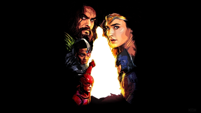 Justice League characters Aquaman, Batman, Cyborg, Flash, Superman, Wonder Woman