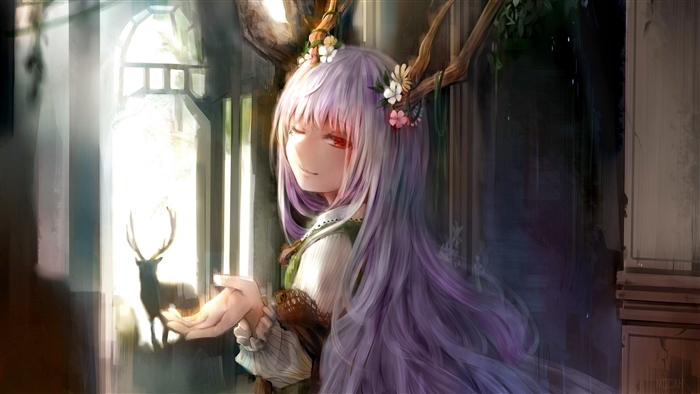 Anime girl with antlers and flowers