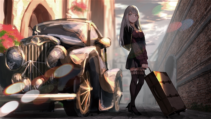 Girl with suitcase and vintage car