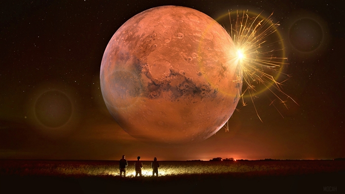 Three people watch Mars erupt in space