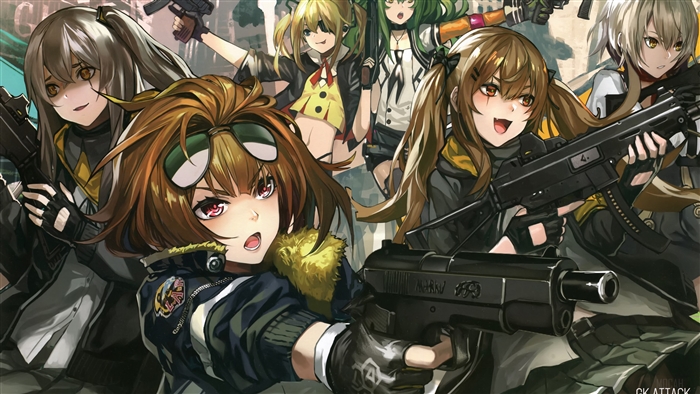 Girls' Frontline characters UMP45, UMP9, Grizzly MkV, M950A, and Skorpion